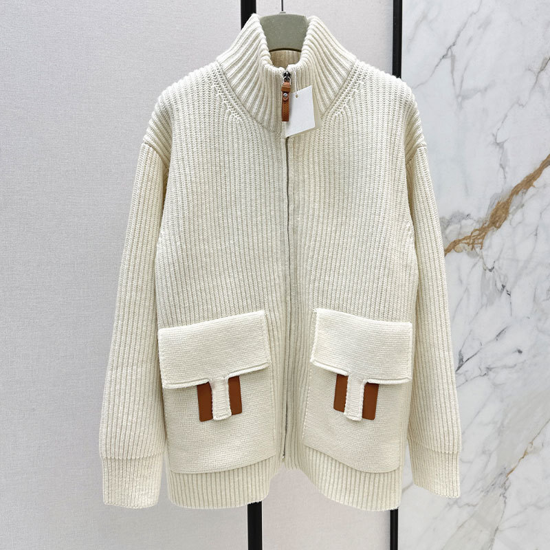 Designer New Season Luxury Women's Embroidered Pattern Pocket Wool Blend Cardigan Fashion Runway Drop Shoulder Long Sleeve Zip Front Two Color Y2