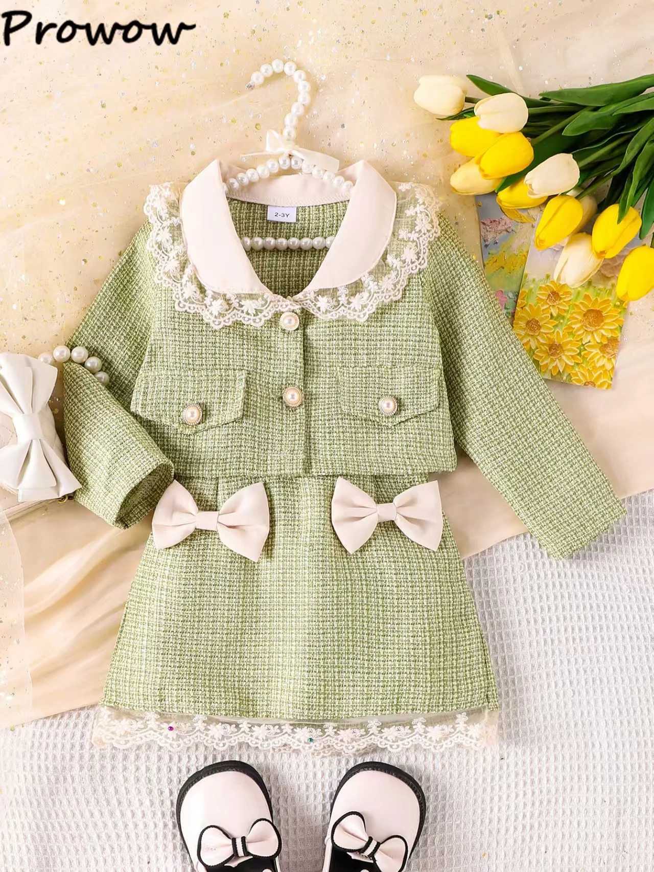 Prowow Children Winter Clothing Tweed Suit For Girls Lace Collar Green Coat and Bows Skirt 2pcs Girls Fashion Tweed Outfit Sets L25092699RU