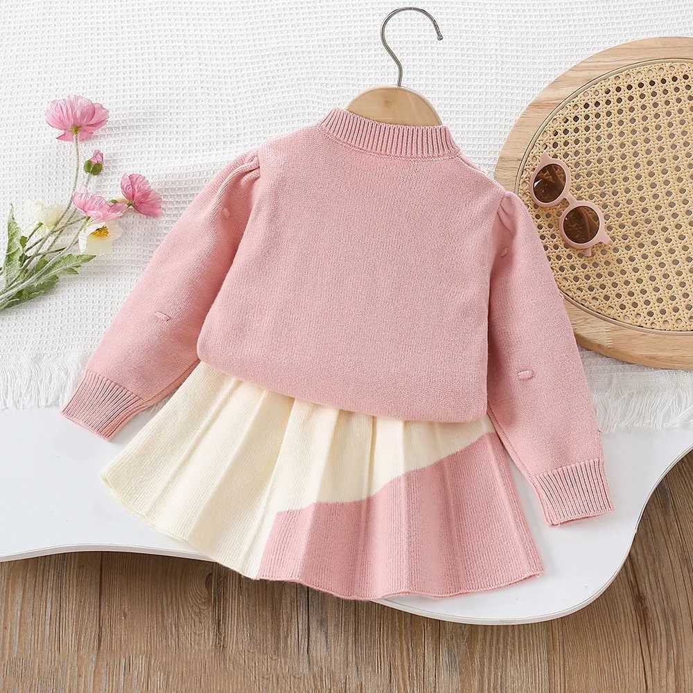 Girls Sweater Set AutumnWinter New Childrens Flower Solid Color Knitted TopShort Skirt Two Piece Set L2509263TK1