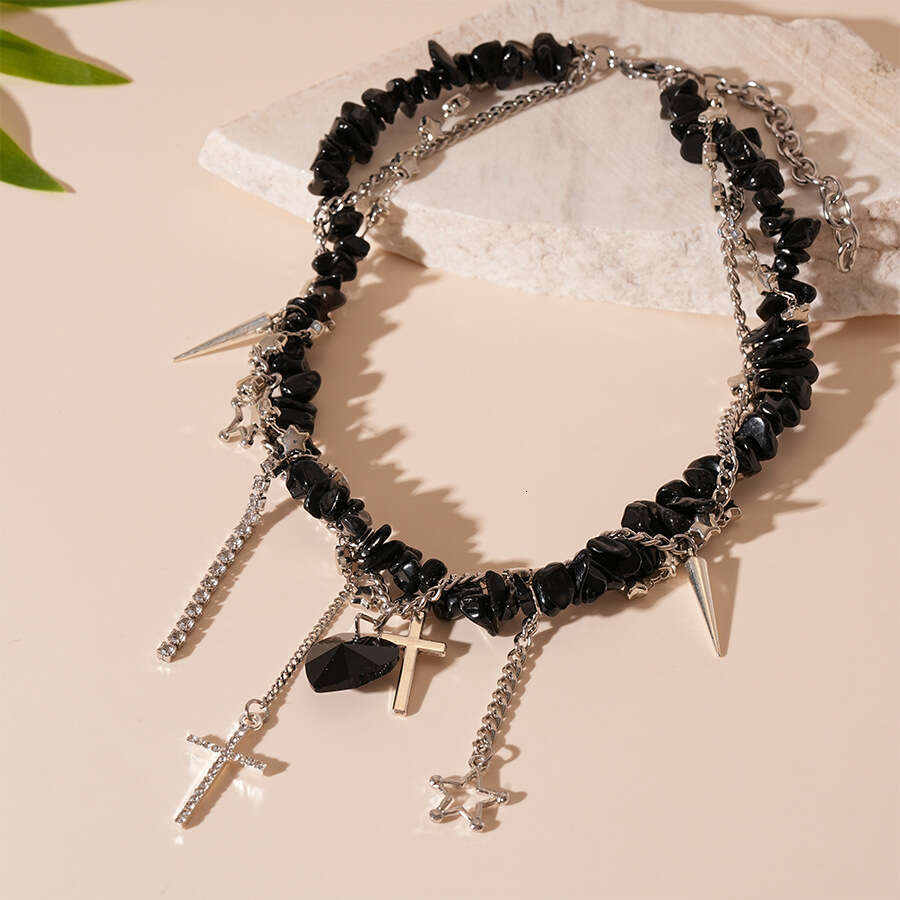 Collarbone Necklace Star Inlaid Dia Cross Heart Artificial Stone Personality Niche Elegant High-end Collarbone Necklace for Women