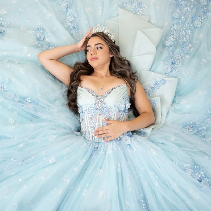 Sky Blue Shiny Quinceanera Dresses Off The Shoulder Applique Flower Beads Corset Tull Party Birthday Sweet 16 Dress Vestidos 15 De Anos