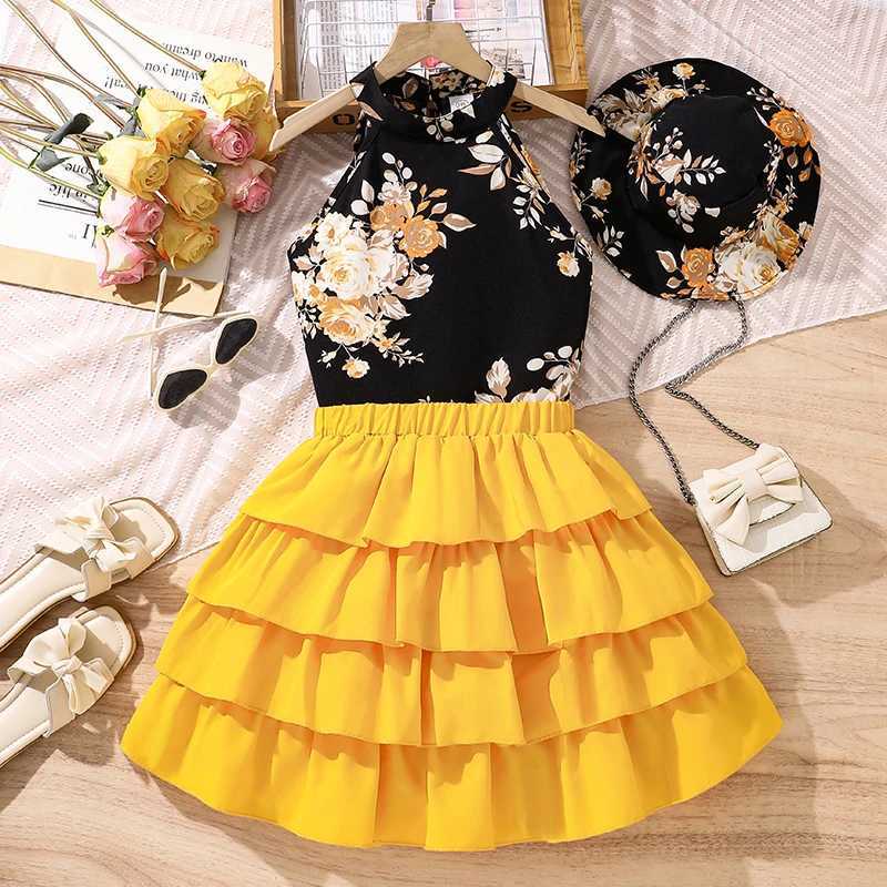 Children Clothes Girl Outfit Black Flowers Printed Vest Yellow Tiered Skirt With Hats 3 Pcs Sets Stylish Girls Outfit L250926P1S3