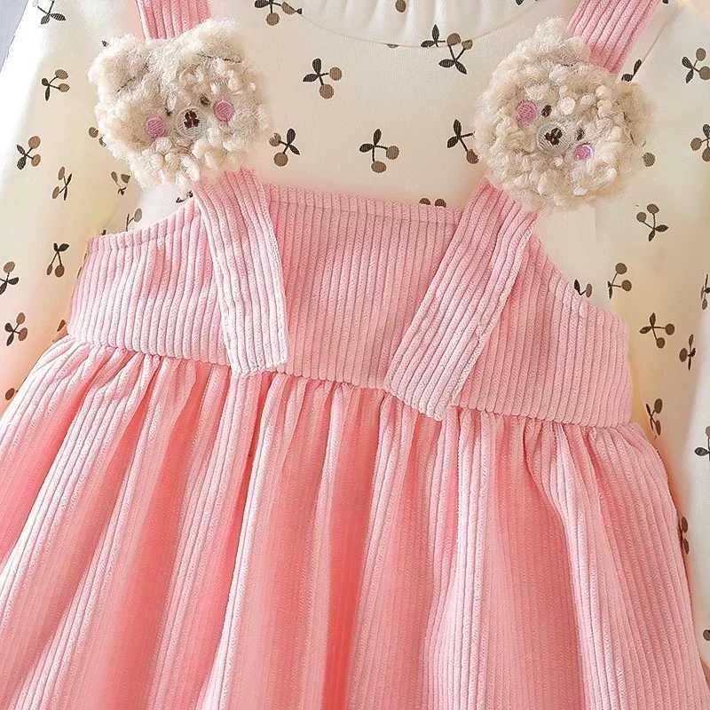 Girls 2025 Spring Autumn Long Sleeve Pinafore Dress with Cute Cherry Bear Print Casual Outfit L2509267Z29