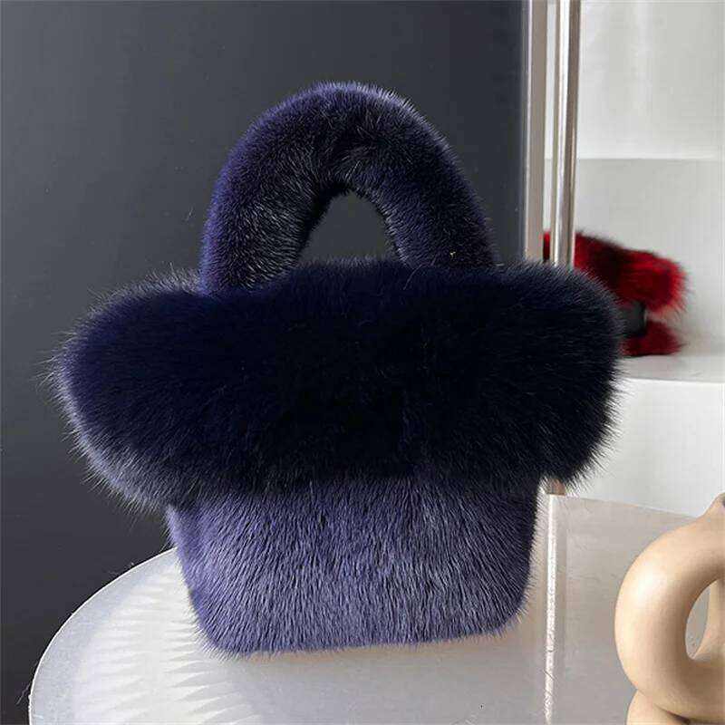 New Real Mink Fox Fur Women Handbags Female Multifunctional Large Capacity Basket Fashion Wrist Bags For Ladies Phone Purse