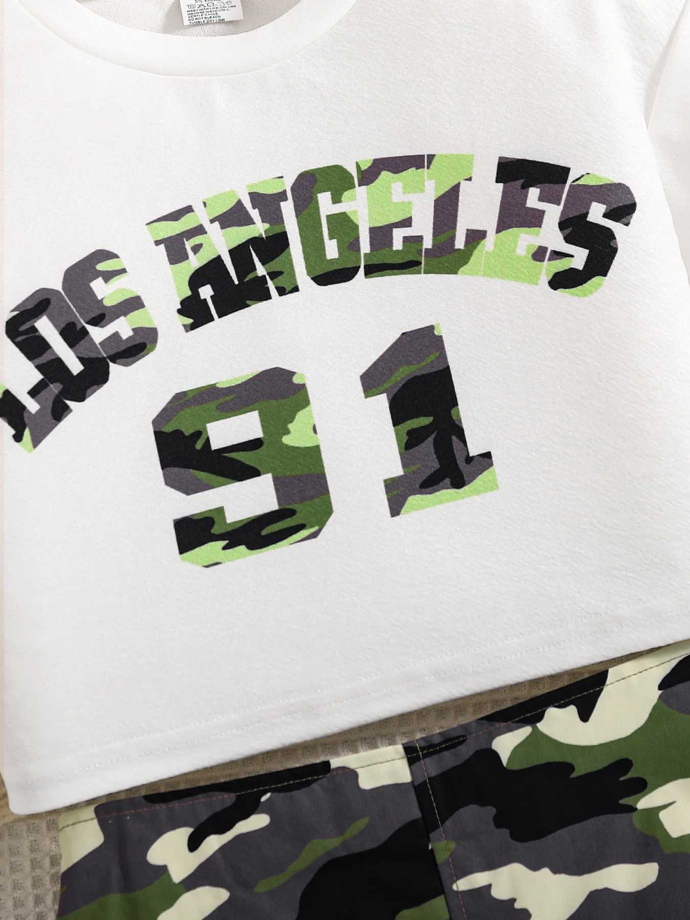 Girls 2Piece Fashion Set Spring Autumn White LetterPrinted Knitted round Neck Long Sleeve Top Camouflage Skirt Ensemble L250926X64Q