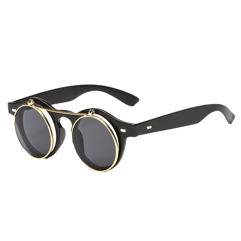 2025 New European American Flip Up Round Frame Sunglasses Punk Retro Rivet Detailed Unisex Sunglasses