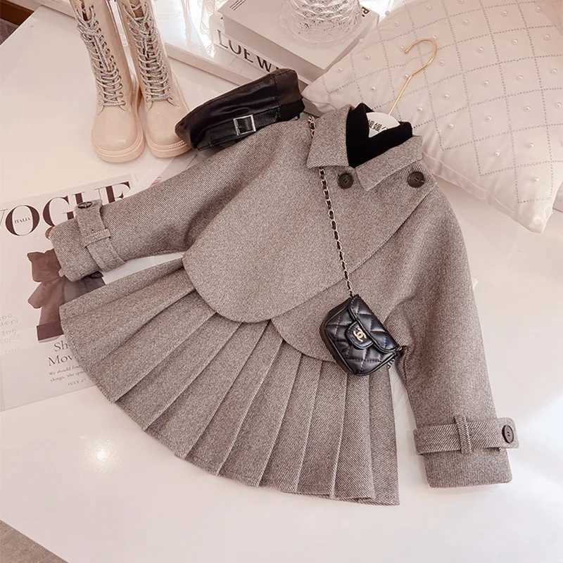 2025 Autumn Kids Babys Girls 2PCS Clothes Set Cotton Solid Turn Down Collar Children Girls Coat Solid 18Y Pleated Skirt Outfits L250926BFQ0