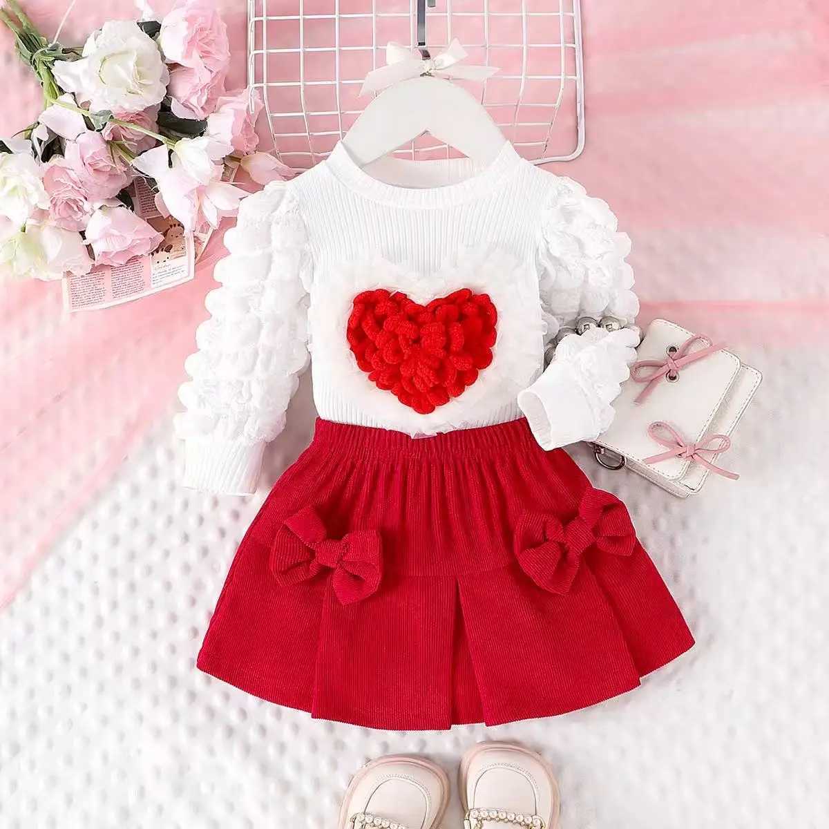 Childrens Spring and Autumn Set Girls New Bubble Sleeve Love TopBow Short Skirt Two Piece Set Kids Outfits L250926DUIQ