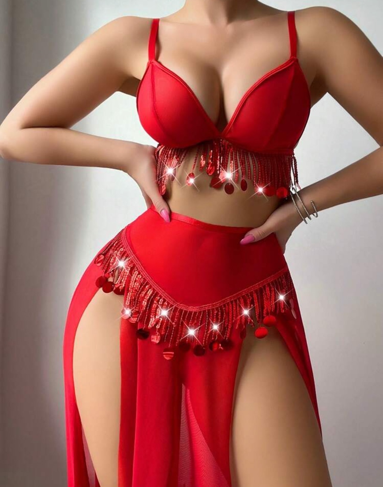 2025 Hollow Metal Glitter Red Sexy Lingerie Set for Women Home Style