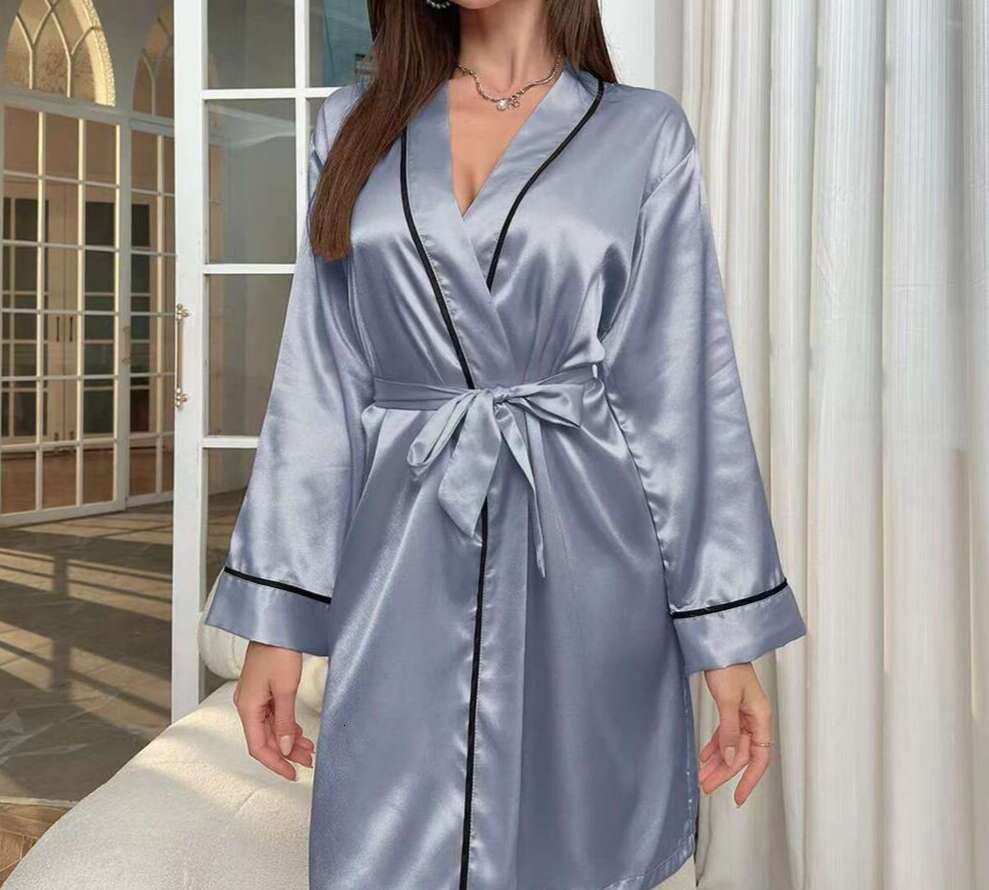 High end satin sleepwear robe, simulated silk fabric, tie waist design, is an ideal choice for sleepwear and bridal preparation, and a must-have for e