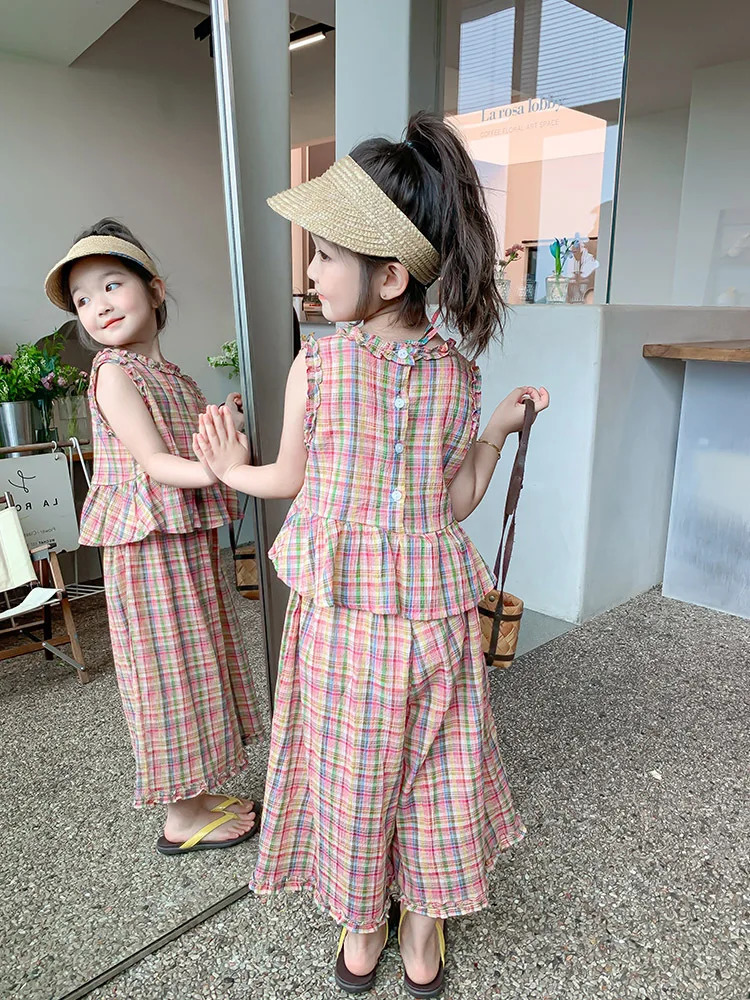 2025Girls Summer Sleeveless Wooden Ear Color Fashionable Plaid TwoPiece Set 250922