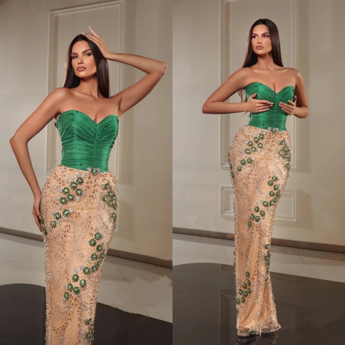 Unique Strapless Evening Dresses Beaded Crystal Prom Gowns Sleevesless Princess Rhinestone Customized Floor Length Vestidos De Noche Plus Size