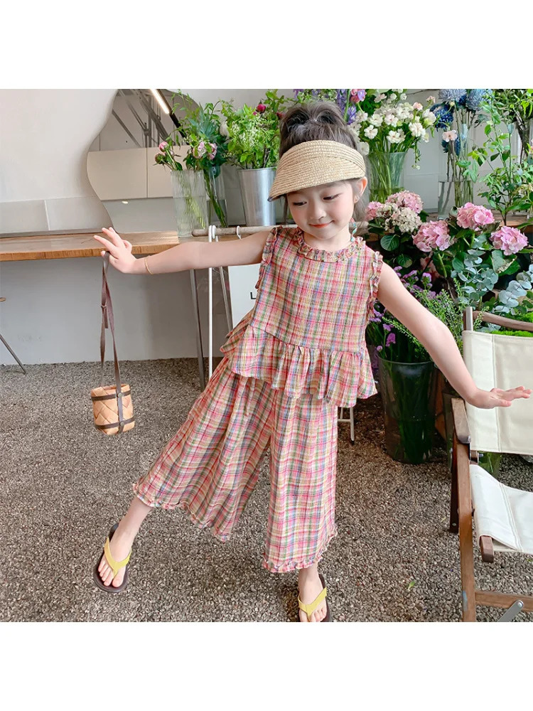 2025Girls Summer Sleeveless Wooden Ear Color Fashionable Plaid TwoPiece Set 250922