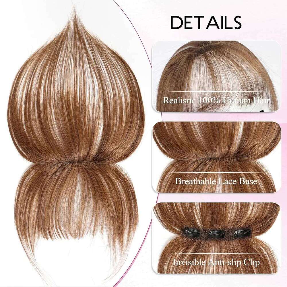Clip in Ash Brown 100% Human Hair Bangs 3 Non-slip Clips 360°Cover Top HairPieces with 5 inch Wispy Fringes for Women