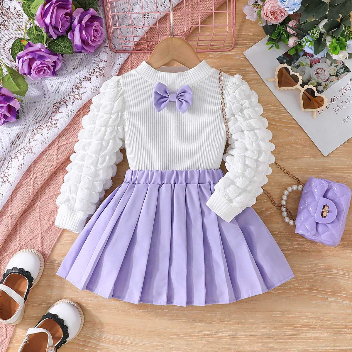 FOCUSNORM 3 Colors Fashion Kids Girls Fall Clothes Sets 38Y Long Puff Sleeve Bow Front Tops Pleated Skirt 2PCS L2509265WTL