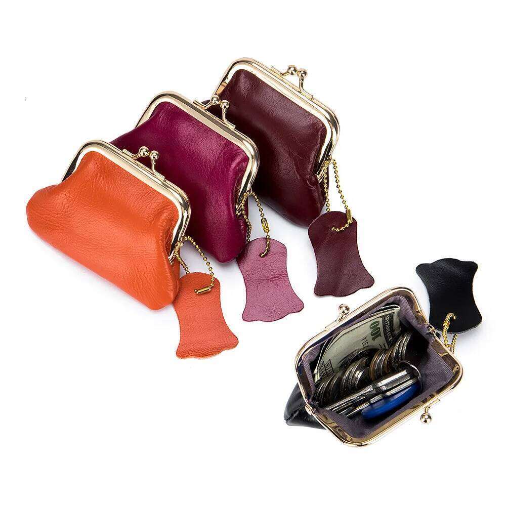 Genuine Leather Coin Purse Women Vintage Handmade Wallet Small Mini Access Card Holder Key Bag Case Metal Clips Change Purses