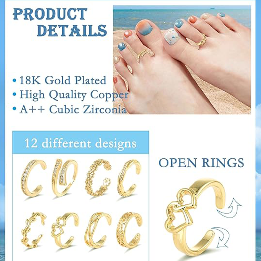 12PCS 18K Gold Plated Toe Rings CZ Daisy Flower Leaf Heart Knot Band Open Tail Ring Beach Foot Jewelry Sets For Women Men Gold Tone