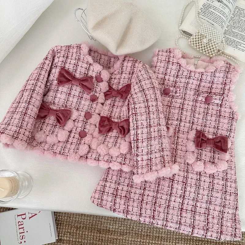 Girls Little Fragrance Plus Cotton Thickened Bow Coat Sundress Twopiece Set Girl Clothes Girls Suit 2025 Winter L250926C327