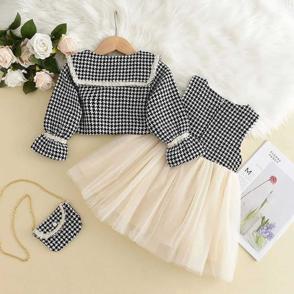 Girls 3Piece Thousand Bird Check Set Big Lapel Coat Waistcoat Skirt Satchel Classic Kids Ensemble L250926ULVZ