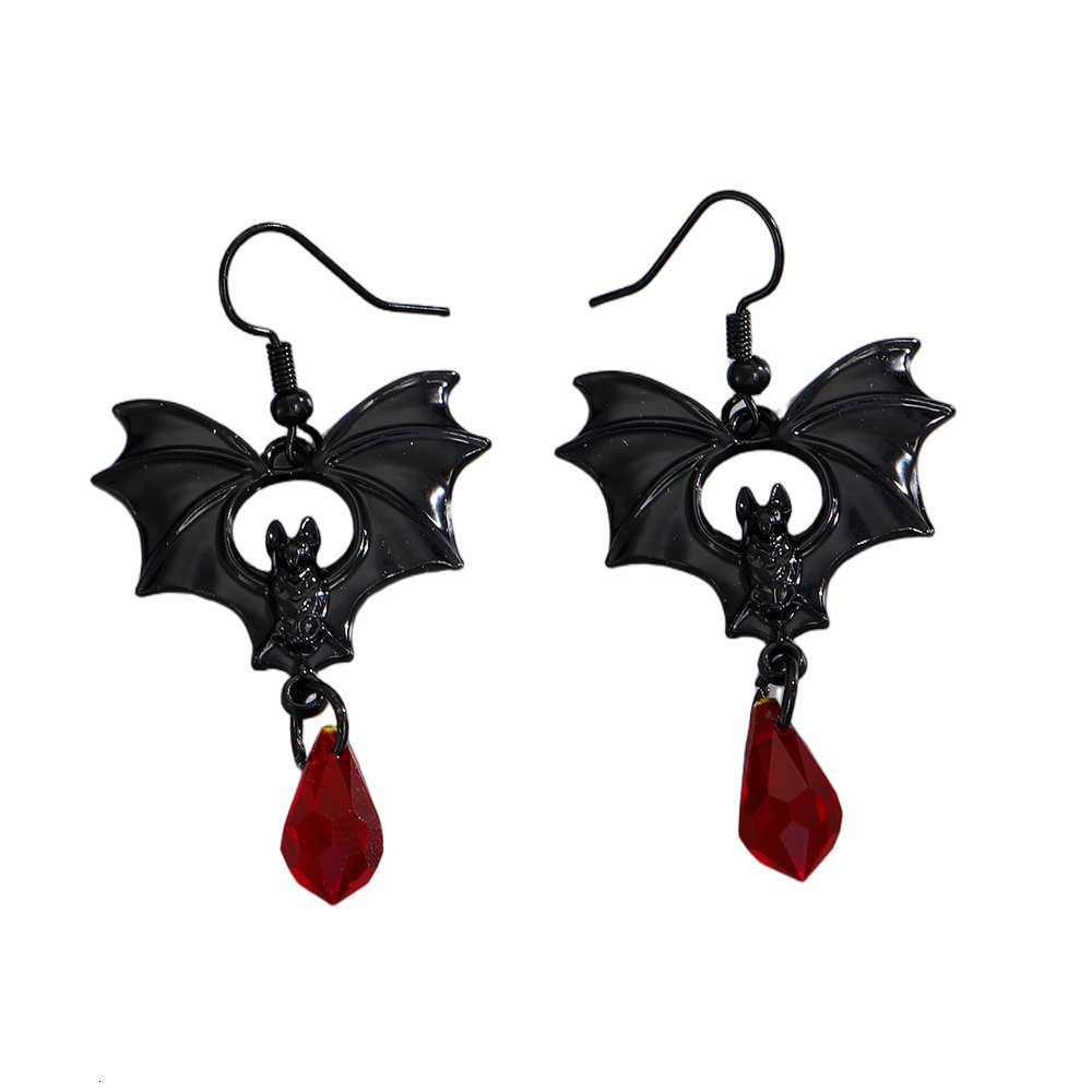 Dark Gothic Style Black Bat Red Crystal For Women Halloween Earrings