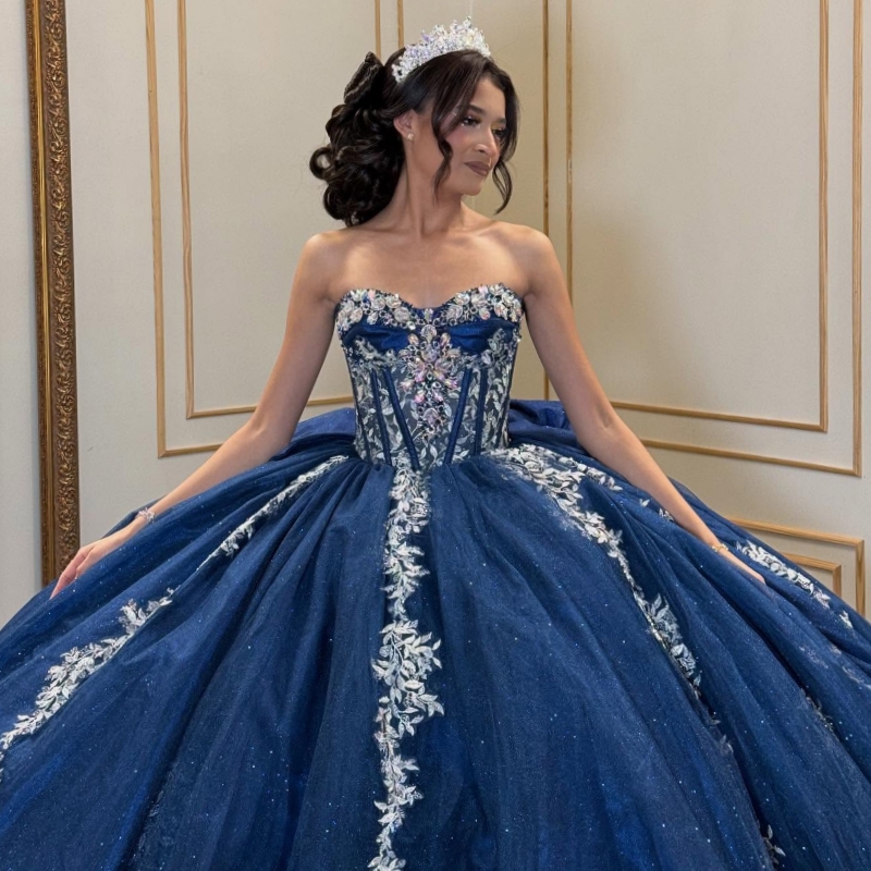 Navy Blue Shiny Quinceanera Dresses Off The Shoulder Applique Lace Beading Crystal Bow Corset Tull Party Birthday Sweet 16 Dress Vestidos 15 Anos