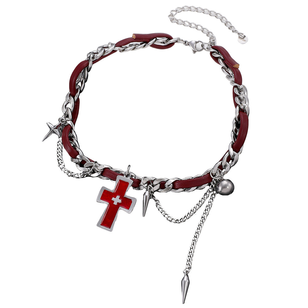 Sweet Cool Spicy Girl Y2k Heavy Cross Ultra Short Choker Men Subculture Leather Chain Wrap Necklace Women