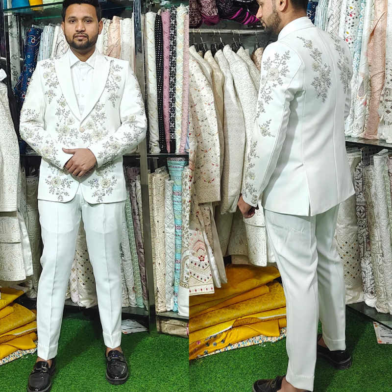 Luxury Crystals Beaded Men Suit 2 Pieces Jacket Pants Single Breasted Groom Wedding Tuxedos Party Prom Special Occasions Customized