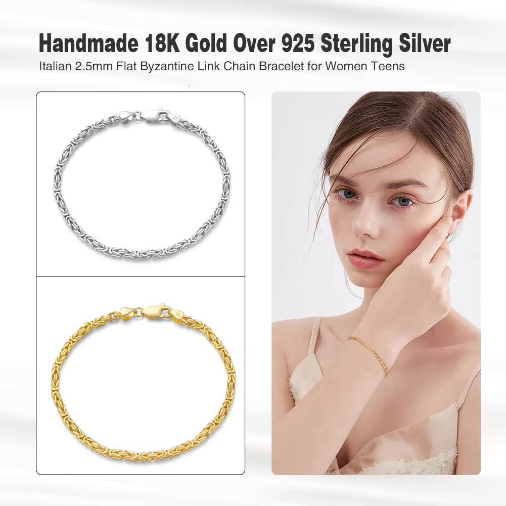 RINNTIN BSB122 Handmade Italian 925 Sterling Silver 18K Gold 25mm Flat Byzantine Link Chain Bracelet for Women Men