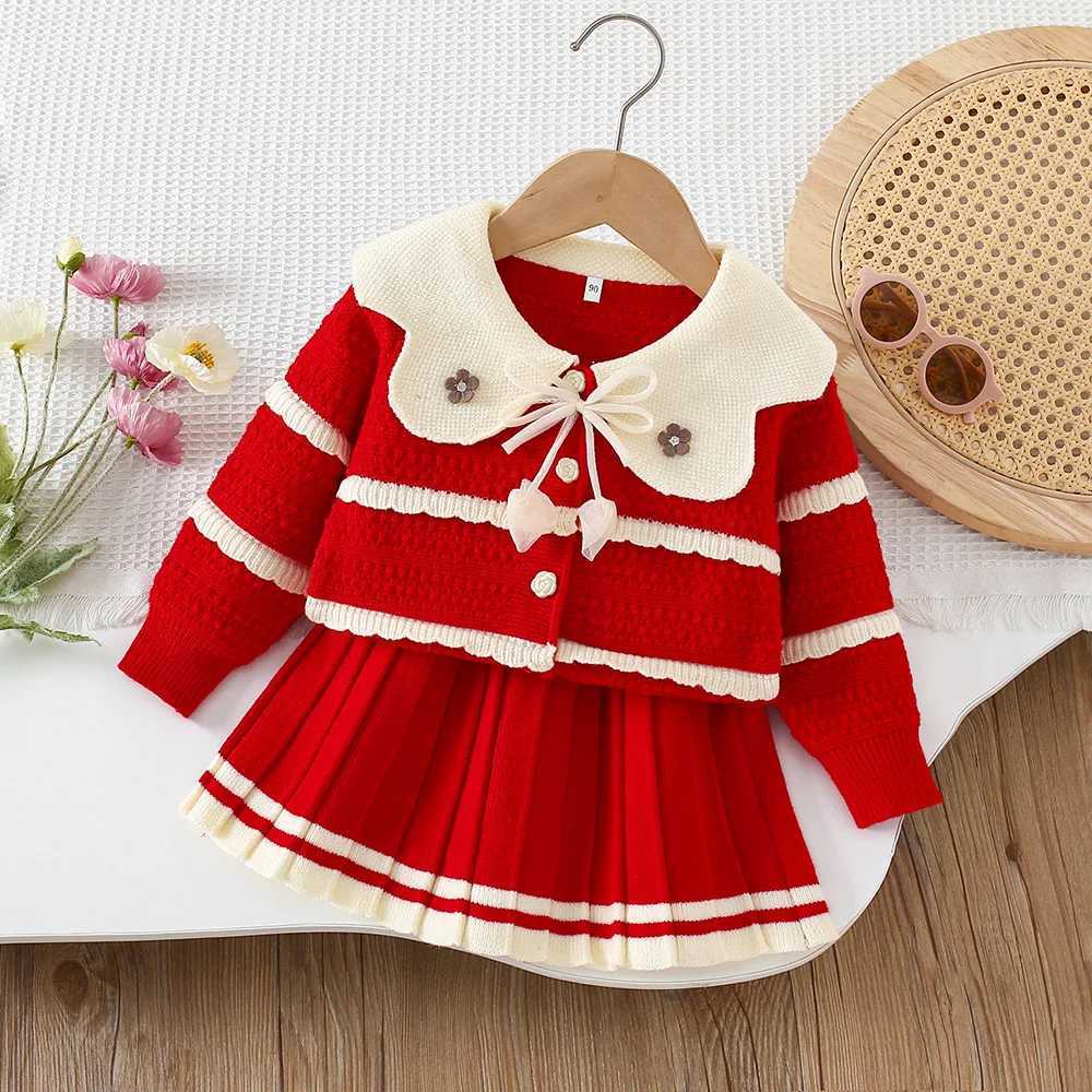 LILIGIRL Autumn Kids Sweater Set Sweet Flower Girls Baby Knitted Cardigan Short Skirt Color Blocked Korean Children Outf 9M5T L25092622U5