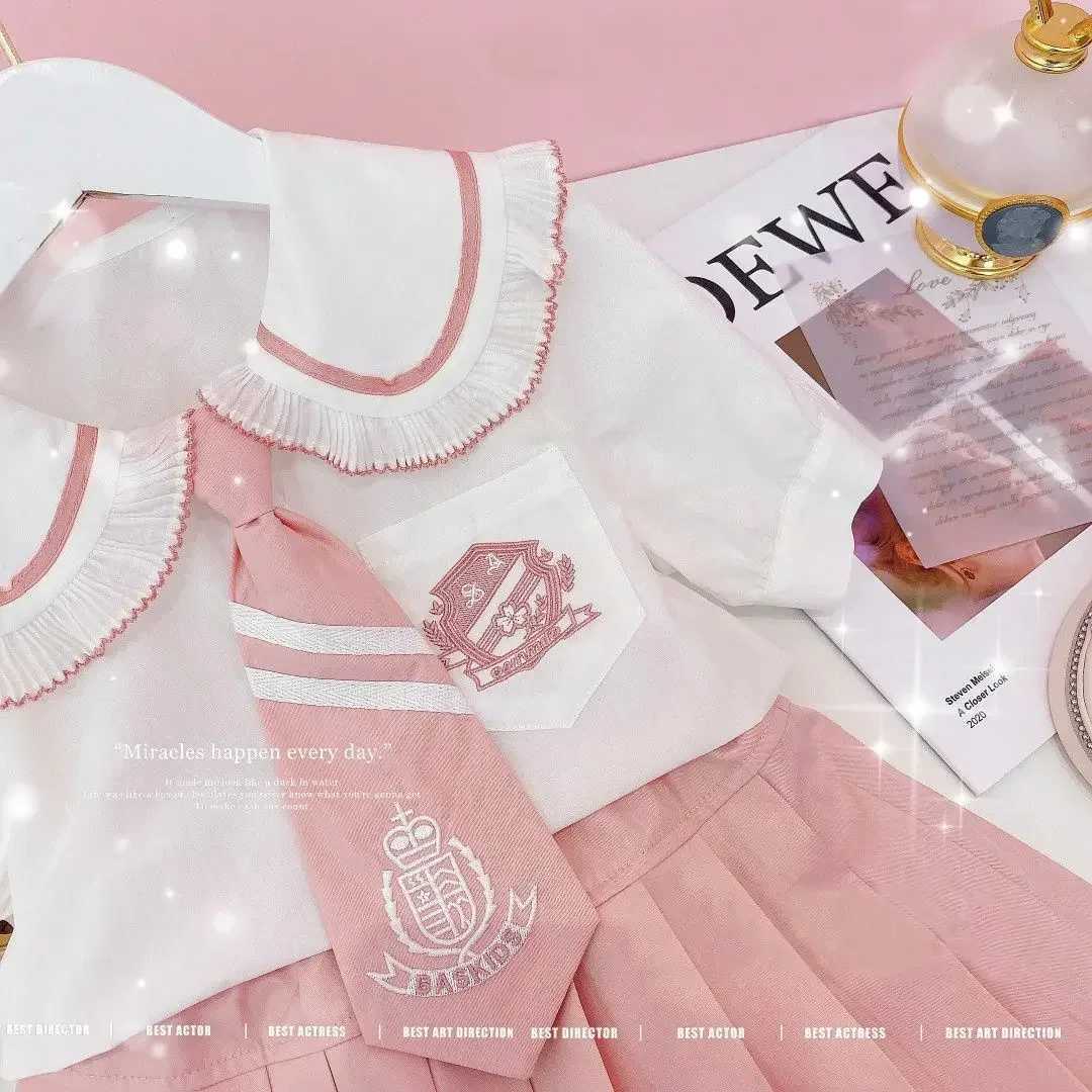 College Style Jk Uniform Suit Korean Junior Girls Summer Clothes ShortSleeved Shirt Pleated Skirt With Tie Kids 3Pcs Sets L2509264MF5