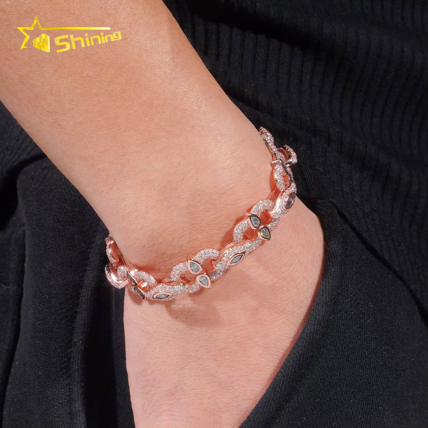 Hot Sale Hip Hop Blue Green Colored Marquise 925 Sterling Silver VVS Moissanite Iced Out Bracelet Men Women