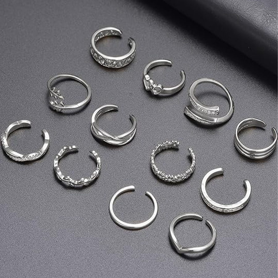 12PCS 18K Gold Plated Toe Rings CZ Daisy Flower Leaf Heart Knot Band Open Tail Ring Beach Foot Jewelry Sets For Women Men Silver Tone