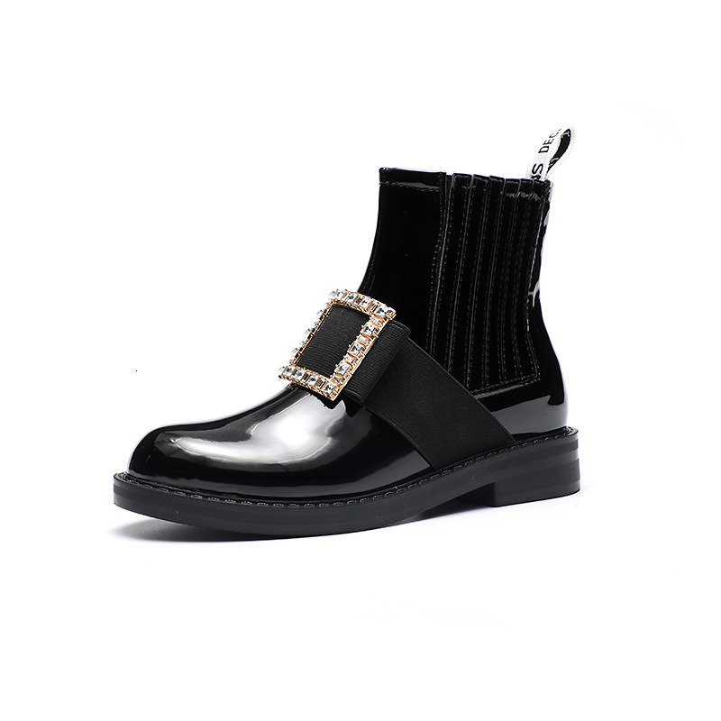 Ddmysports Patent Leather Rhinestone Square Buckle Flat Toe Marten Boots Women S Round Low Heel Adjustable Strap Short Rubber Sole Outdoor Shoes