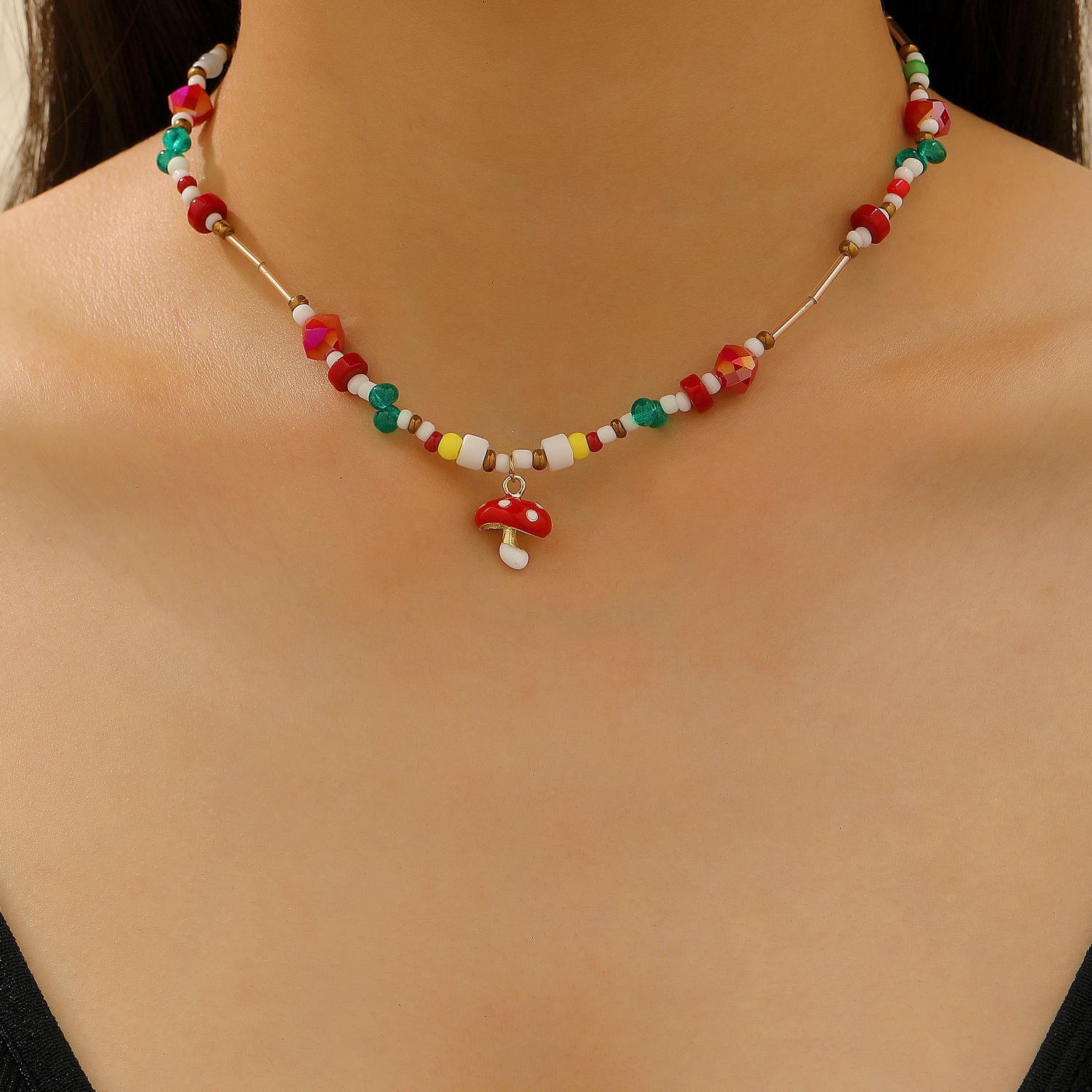 Summer Dopamine Core Beaded Colorful Necklace for Women Sweet Cool Spicy Girl Versatile Collarbone Chain Green and Red Apple Earrings