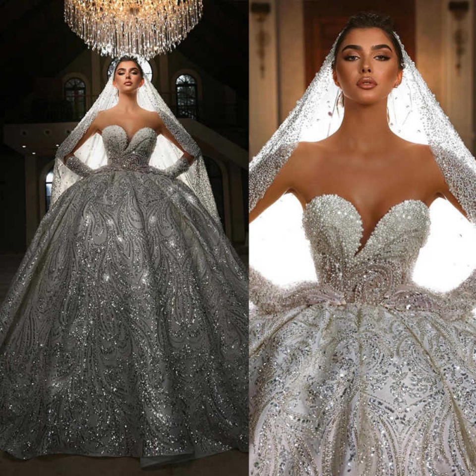 Luxury Wedding Dress With Overskirt Customized Crystal Pearls Beading Bridal Dresses Sequined Ball Gown Wedding Gowns
