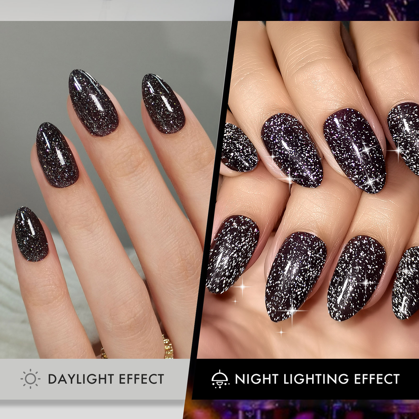 Glitter Black Press On Nails Almond with Sparkling Diamond - Soft Gel Fake Nails Short with Glue, Glossy Glue On Nails for Women Gift in 16 Sizes - 32