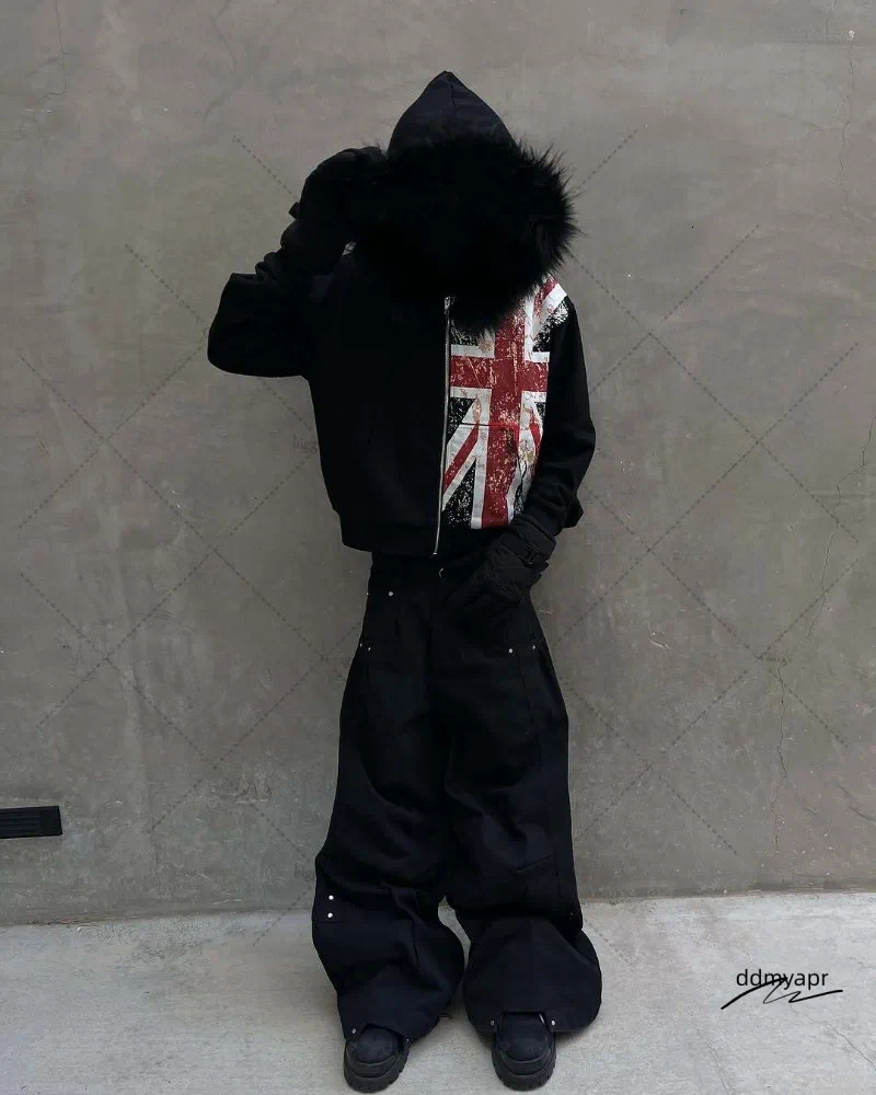 Men's Hoodies Black Printed National Fur Collar ddmyapr Oversized Hoodie Men Street Retro Clothing High Trendy Brand Zipper Sweatshirt ddmyapr