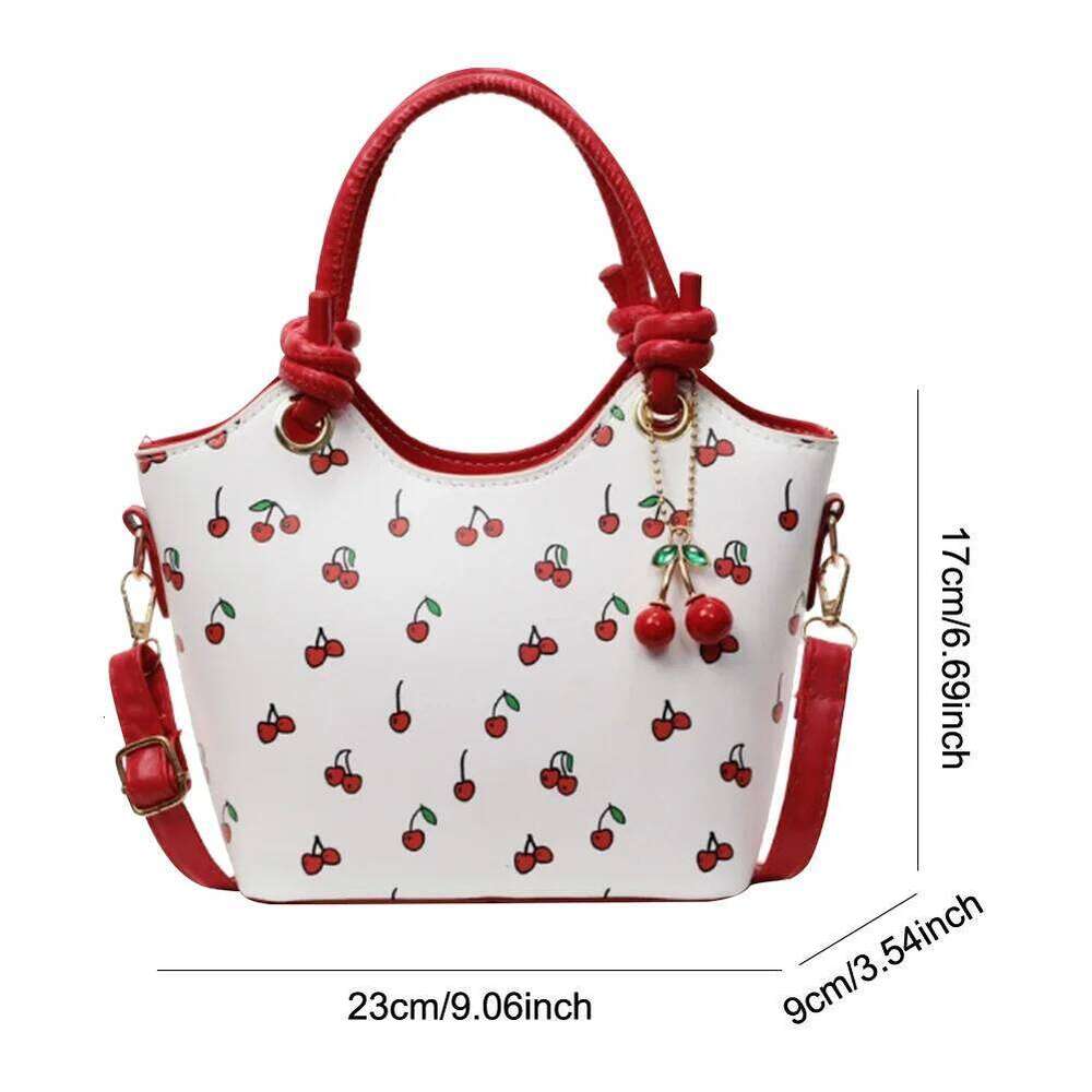 PU Leather Bucket Fashion Shoulder for Women Ladies Cherry Printed Crossbody Trendy Top-handle Bag with Adjustable Strap