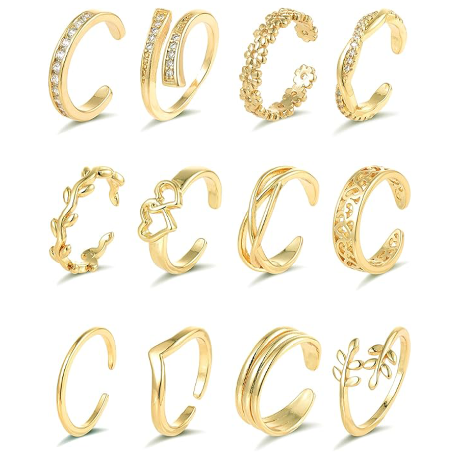 12PCS 18K Gold Plated Toe Rings CZ Daisy Flower Leaf Heart Knot Band Open Tail Ring Beach Foot Jewelry Sets For Women Men Gold Tone