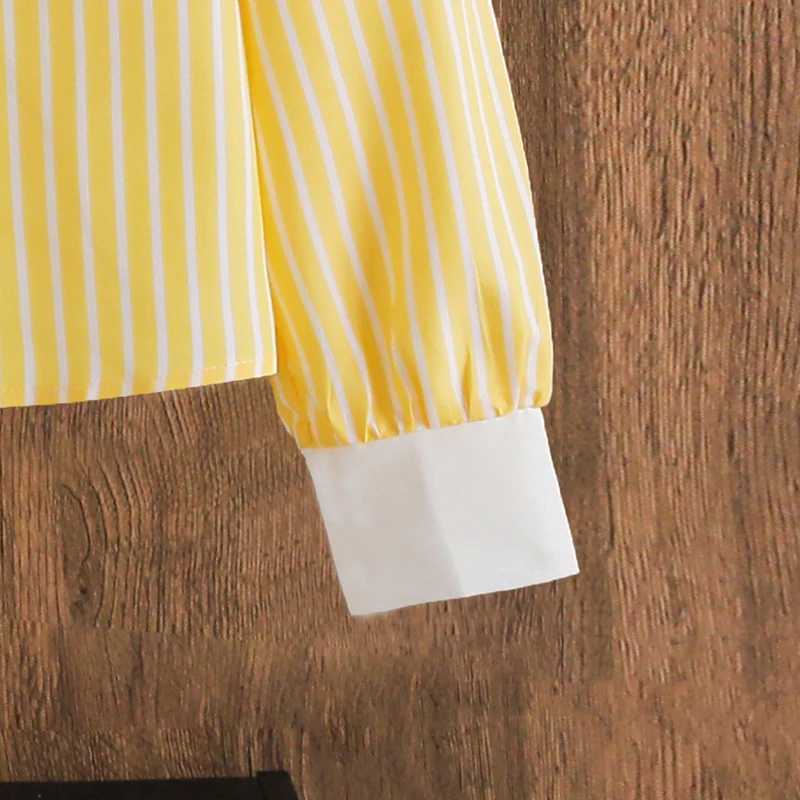 Girls Suit 2PCS Autumn New Solid Color Yellow Striped Turn Down Collar Long Sleeve Top White Pleated Skirt For Girls Daily Set L250926PL2A