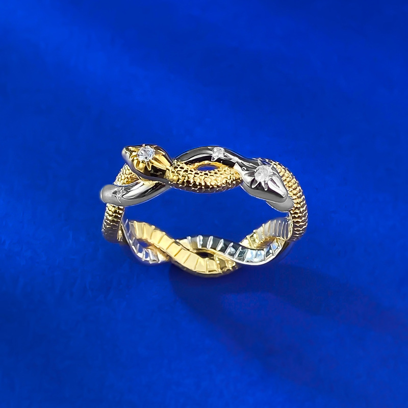 New S925 Silver Double Color Spirit Snake Wrapped Ring with Snake Skin Texture, Ancient Style Wedding Jewelry Design Sense