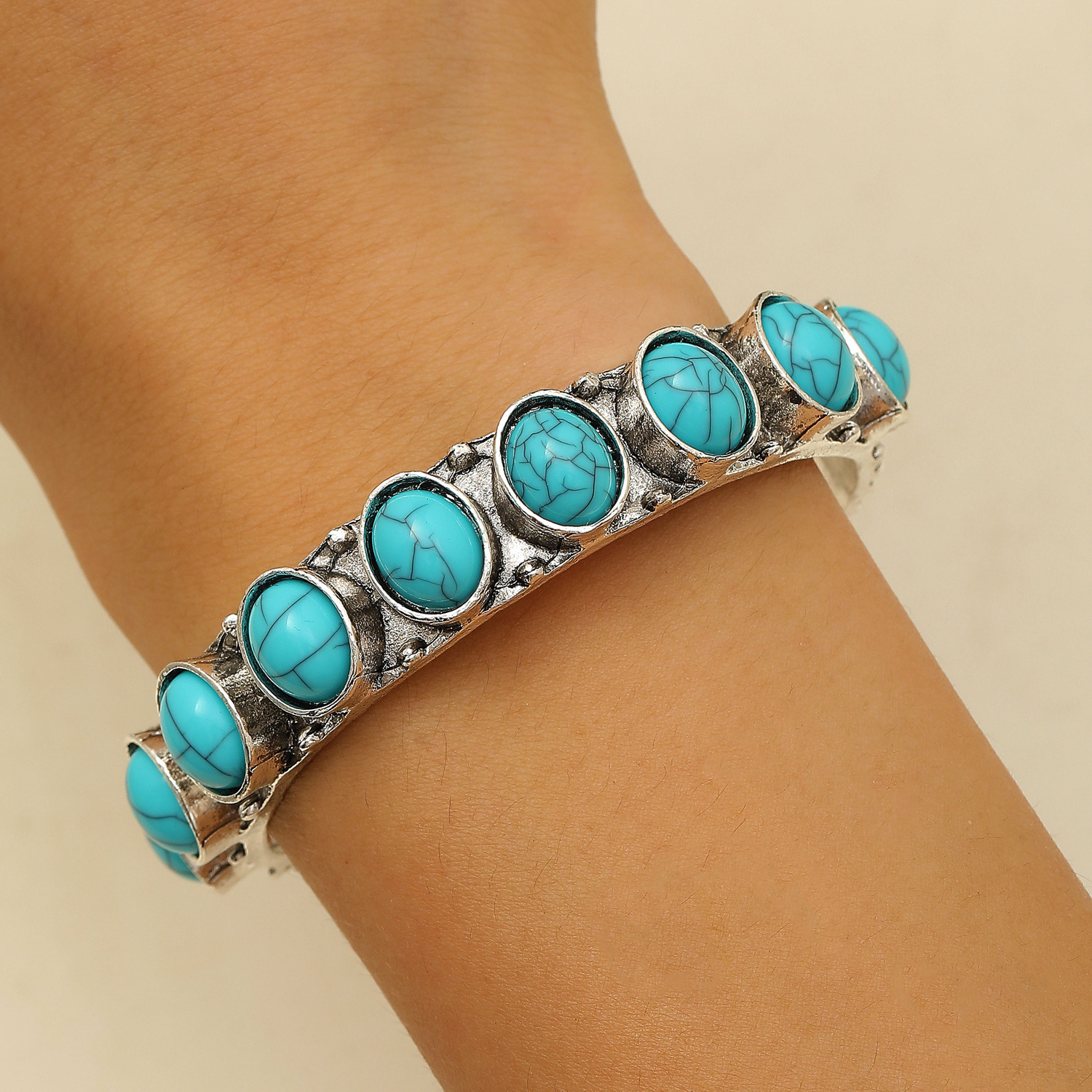 Ethnic Style Bohemian Turquoise For Women Carved Hollow Adjustable Open Bracelet