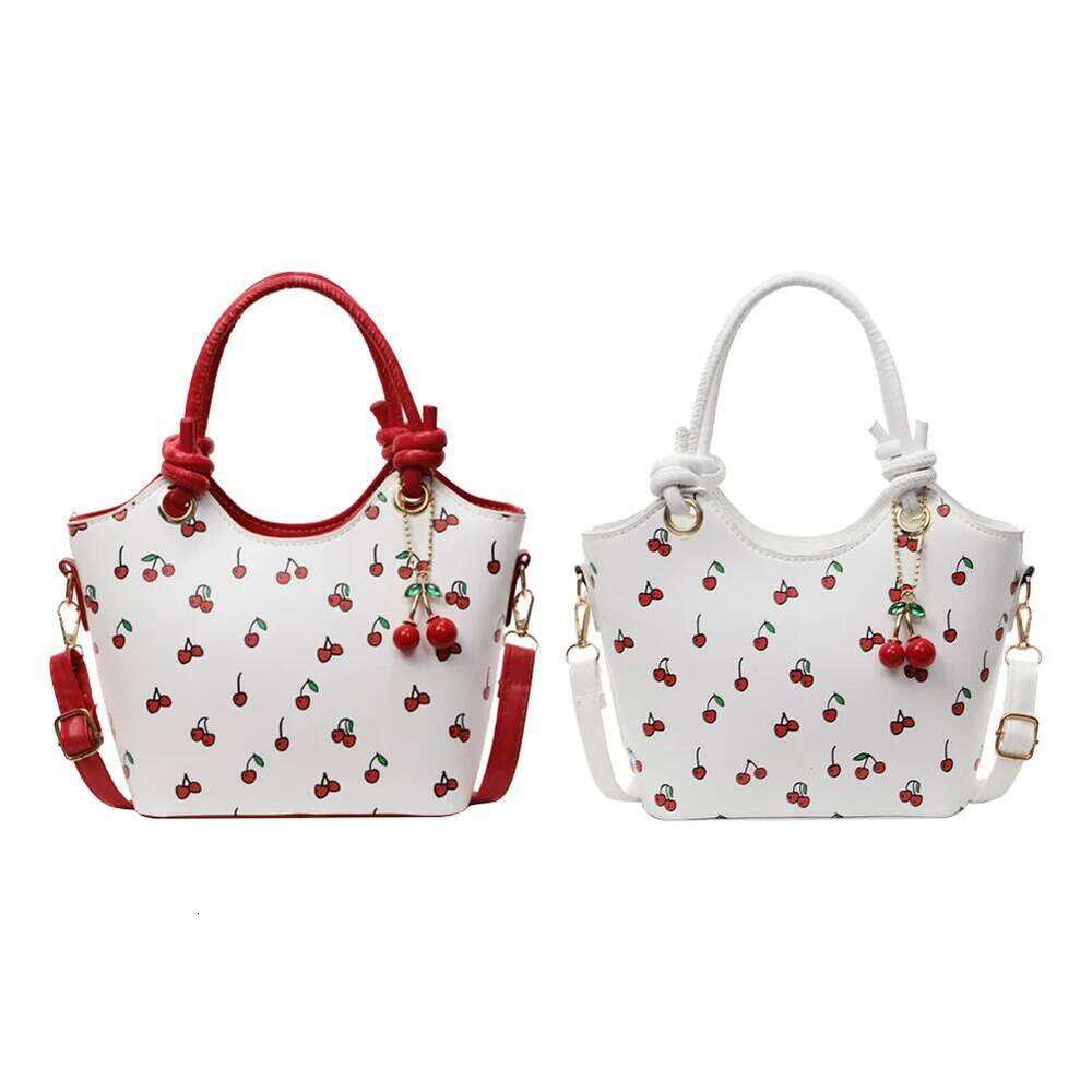 PU Leather Bucket Fashion Shoulder for Women Ladies Cherry Printed Crossbody Trendy Top-handle Bag with Adjustable Strap