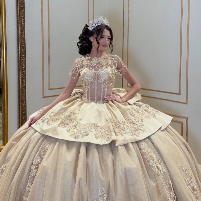 Champagne Shiny Quinceanera Dresses Off The Shoulder Applique Lace Beading Crystal Bow Corset Tull Party Birthday Sweet 16 Dress Vestidos 15 Anos