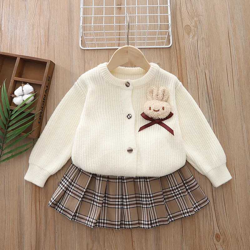 2025 Autumn Winter Babys Girl Twopiece Clothes Set 3D Rabbit Knitted Sweater Cardigan Outfits Fleece Plaid Skirt Kid Girl Suits L250926Y4WN
