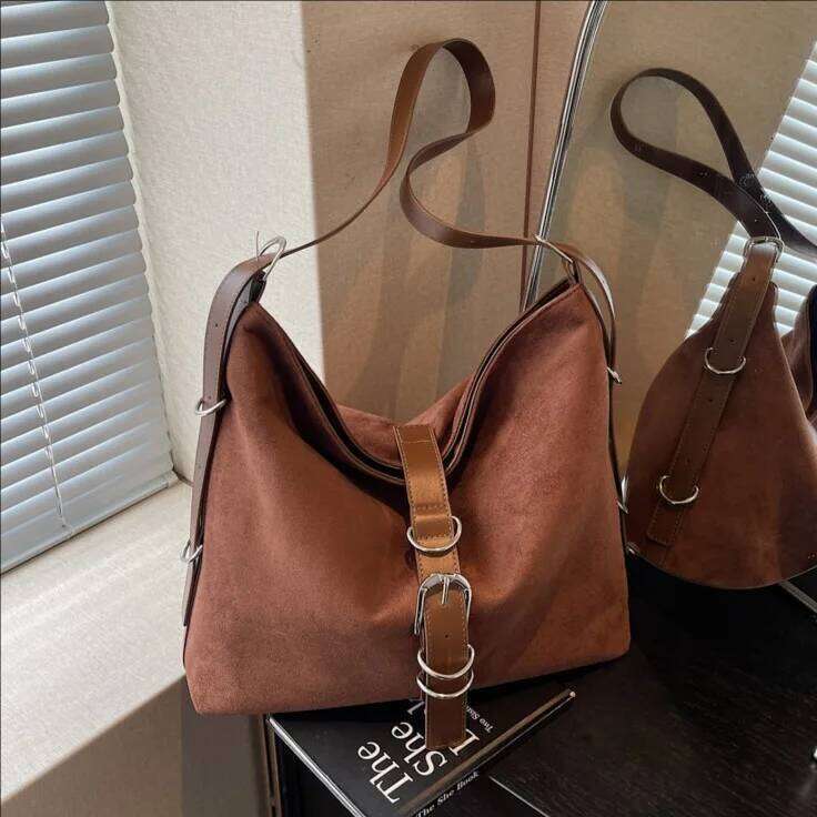 2025 Autumn New Vintage Suede Tote For Women Large Capacity Designer Trendy Commuter Crossbody Bag Fashionable