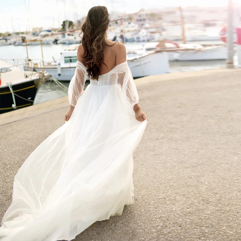 Elegant Wedding Dress 2026 Strapless Puff Sleeves Open Back Floor Length Tulle A-line Beach Bride Gown Bridal Gowns Vestidos De Noiva