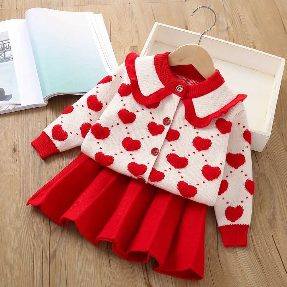 16 Years Baby Girls Sweater Clothing Set Autumn Winter Heart Print Knitted CardiganSkirt 2Pcs Suit For Girls Fashion Outfit L250926D9CL