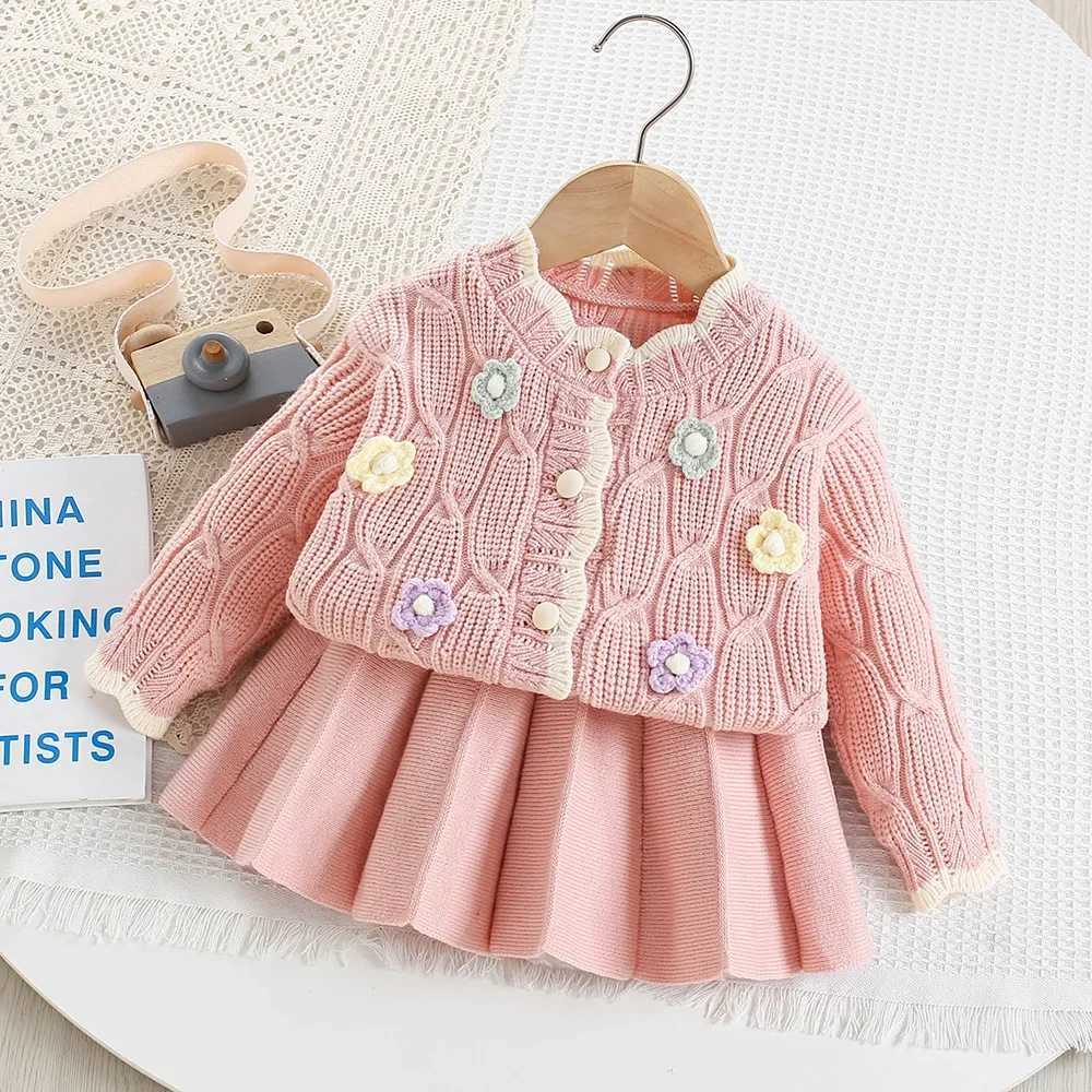 Girls Winter Knit Set Cardigan Skirt 2Piece Outfit Cozy Toddler Girl Clothes Ages 26 Baby Girl Clothes L250926AV2P