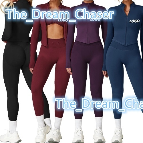 Women Stand Neck Full Zipper Jacket Yoga Tracksuit Lady Scrunch Butt Hip Lift Pants Gym Suit Female Long Sleeves Sports Sets